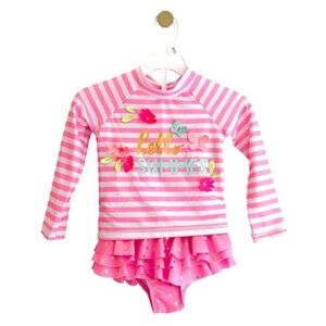WETSUIT CLUB “Hello Summer” Pink Striped Kids Rashguard Set w/ Flowers Girls 3T